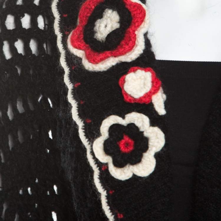 Pre Owned Escada Black Crochet Knit Floral Applique Scalloped Tassel Edge Long Cardigan L