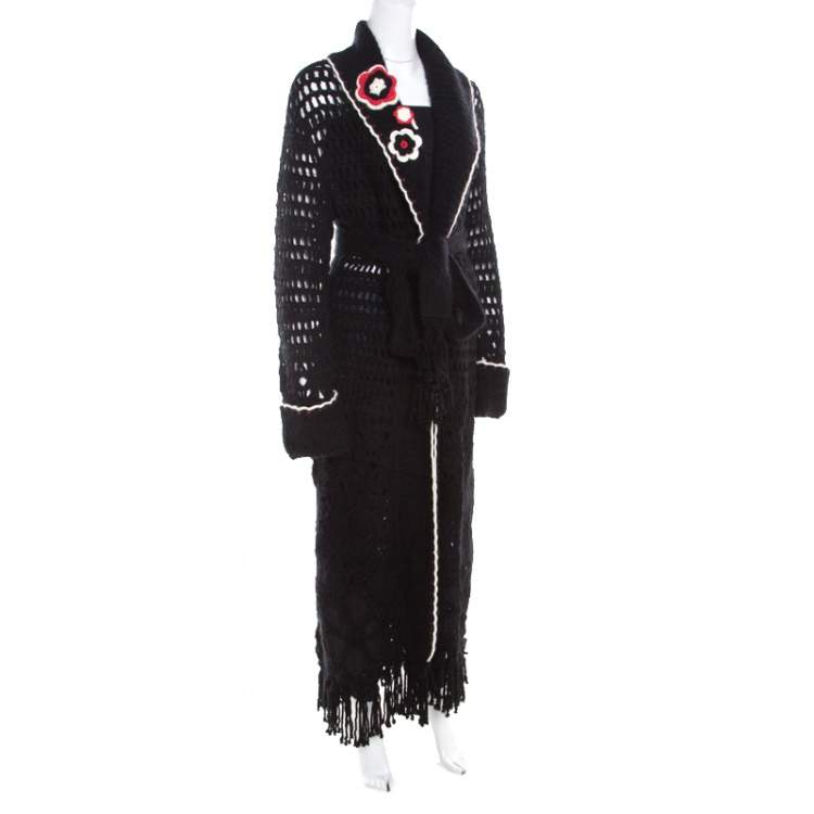 Pre Owned Escada Black Crochet Knit Floral Applique Scalloped Tassel Edge Long Cardigan L