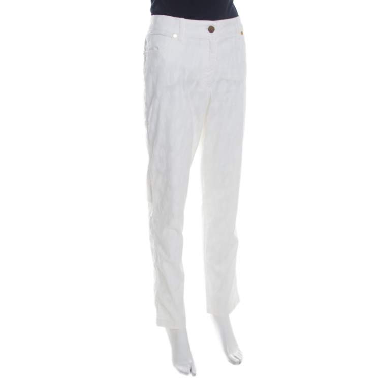 Pre Owned Escada Off White Patterned Stretch Cotton Jacquard Jeans XL