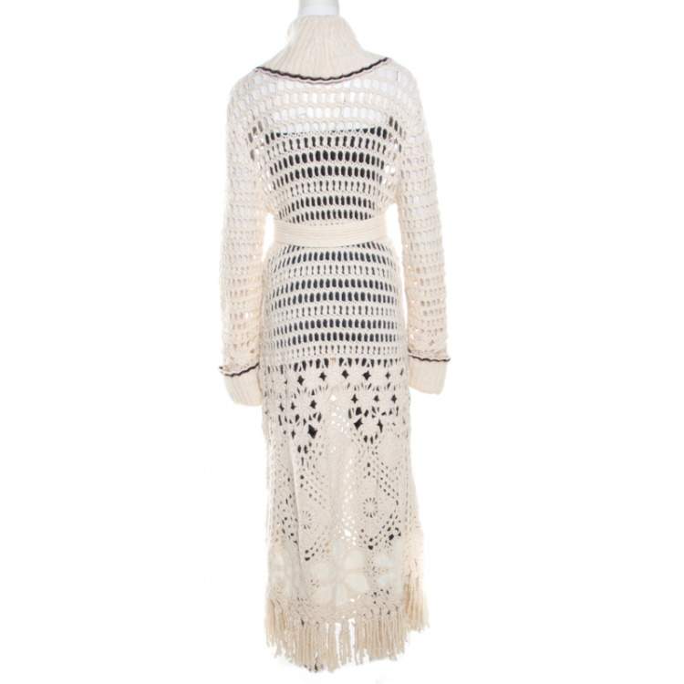 Pre Owned Escada Cream Crochet Knit Floral Applique Scalloped Tassel Edge Long Cardigan L
