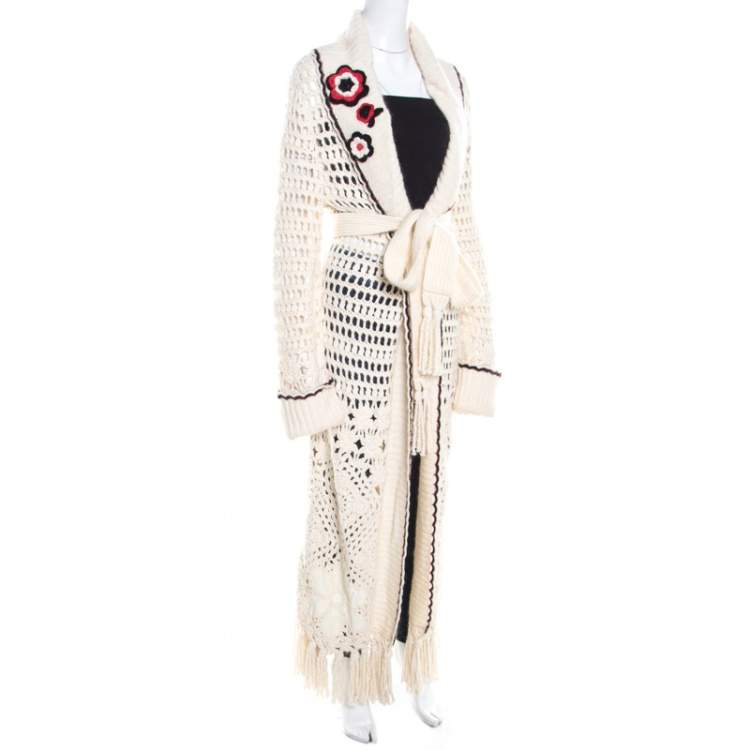 Pre Owned Escada Cream Crochet Knit Floral Applique Scalloped Tassel Edge Long Cardigan L