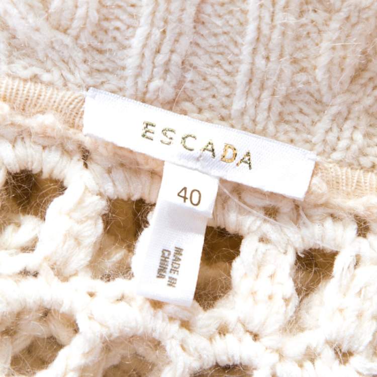 Pre Owned Escada Cream Crochet Knit Floral Applique Scalloped Tassel Edge Long Cardigan L