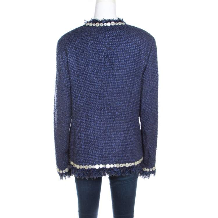 Pre Owned Escada Blue Textured Fringed Edge Button Embellished Boucle Jacket XL