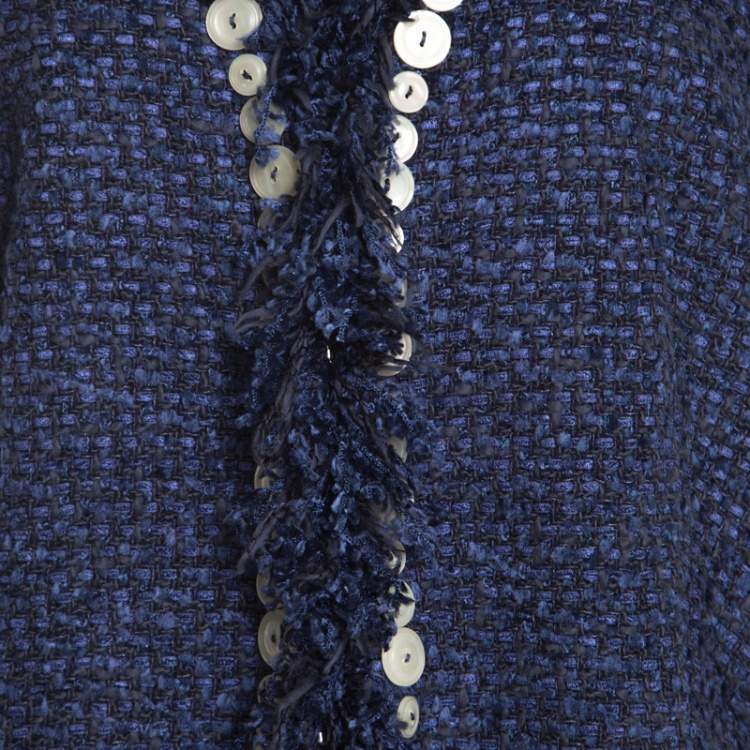 Pre Owned Escada Blue Textured Fringed Edge Button Embellished Boucle Jacket XL