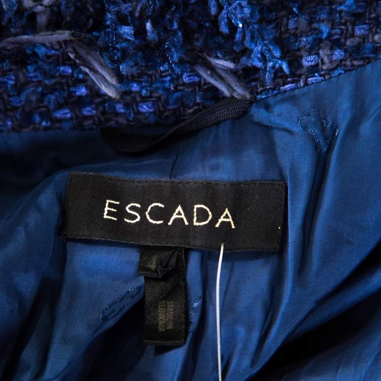 Pre Owned Escada Blue Textured Fringed Edge Button Embellished Boucle Jacket XL