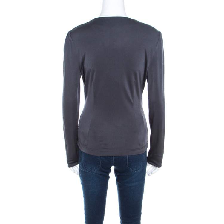 Pre Owned Escada Grey Silk Knit Ruched Crossover Front Long Sleeve Top L