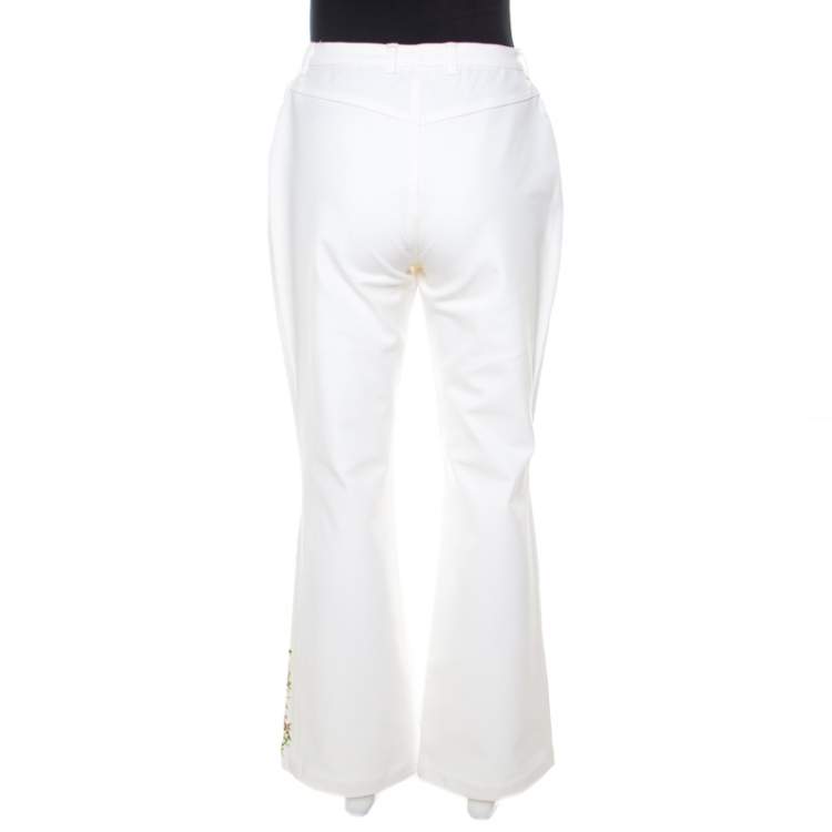 Pre Owned Escada White Cotton Stretch Denim Floral Embroidered Detail Flared Trousers M