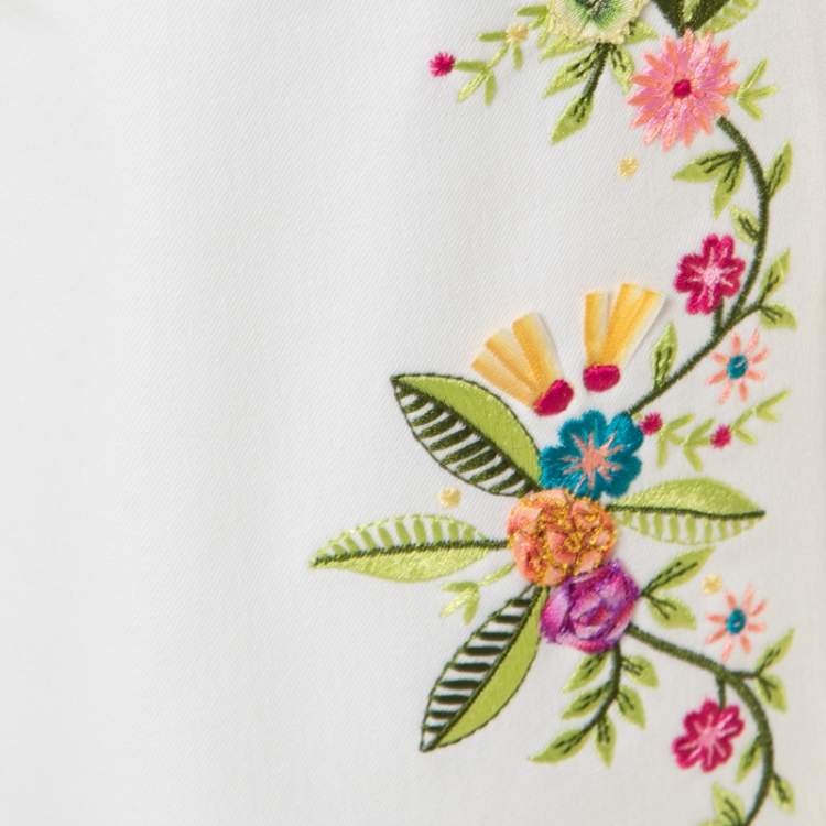 Pre Owned Escada White Cotton Stretch Denim Floral Embroidered Detail Flared Trousers M