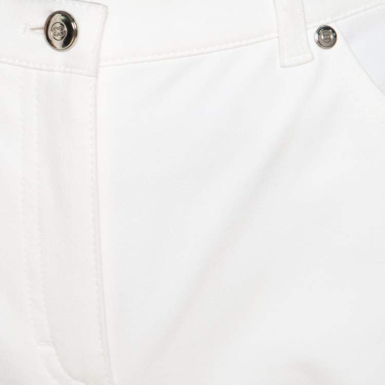 Pre Owned Escada White Cotton Stretch Denim Floral Embroidered Detail Flared Trousers M