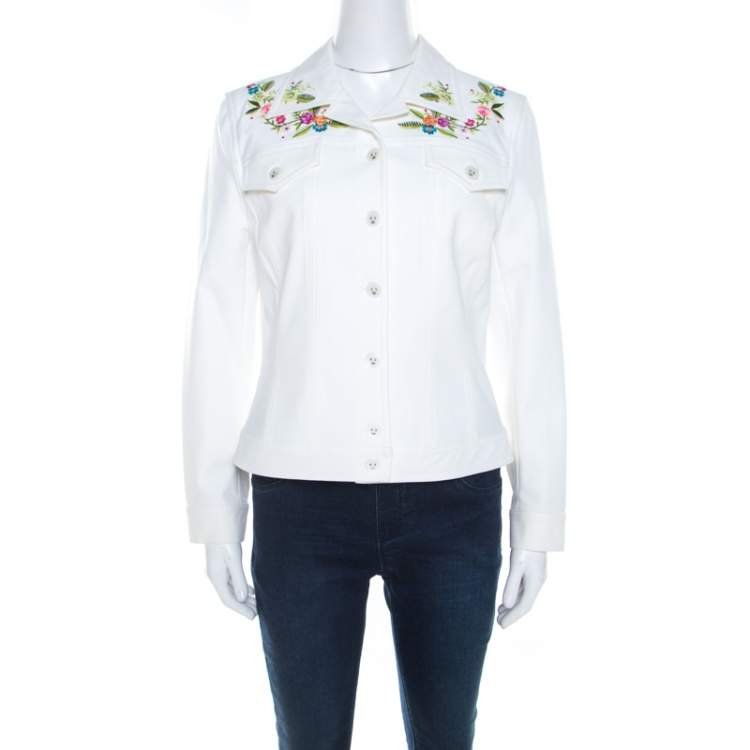 Pre Owned Escada White Denim Floral Embroidered Jacket M 
