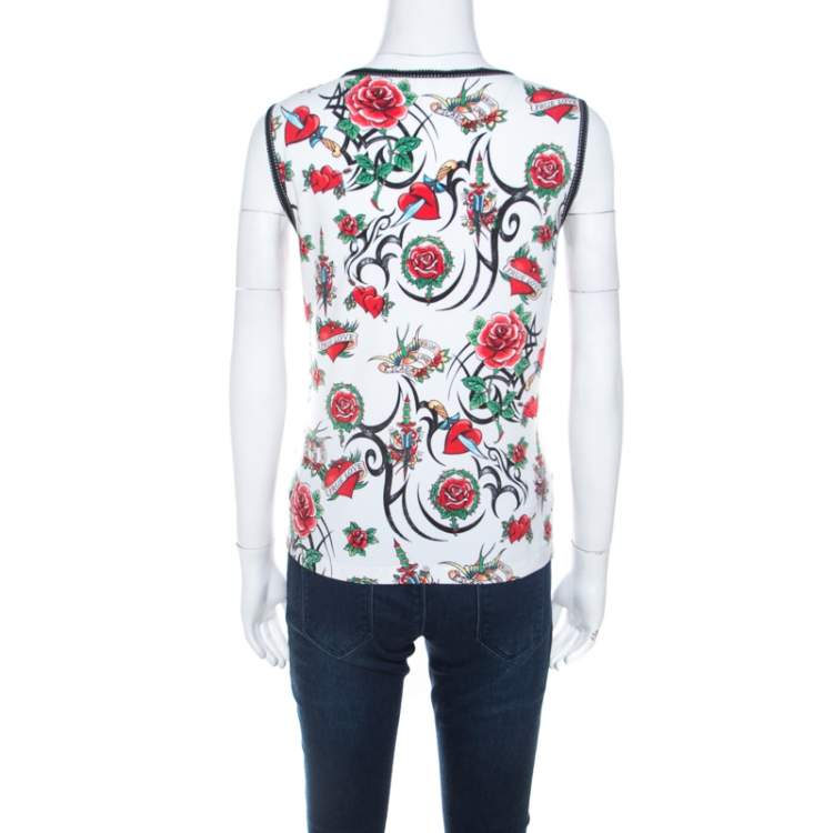 Pre Owned Escada White True Love Print Cotton Sleeveless Top M