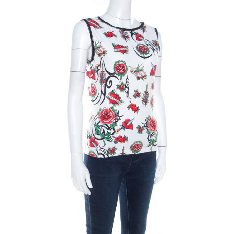Pre Owned Escada White True Love Print Cotton Sleeveless Top M