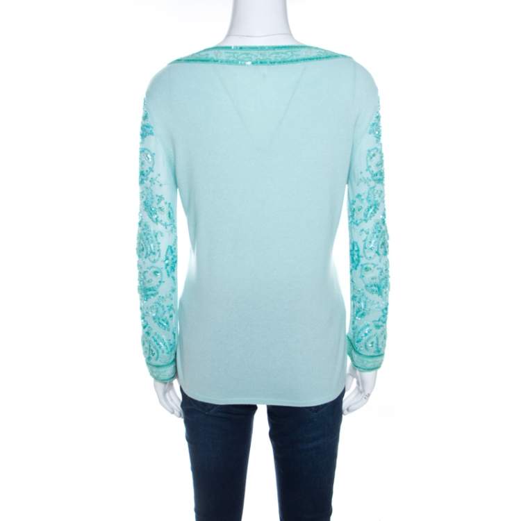 Pre Owned Escada Mint Green Knit Embellished Long Sleeve Top L 