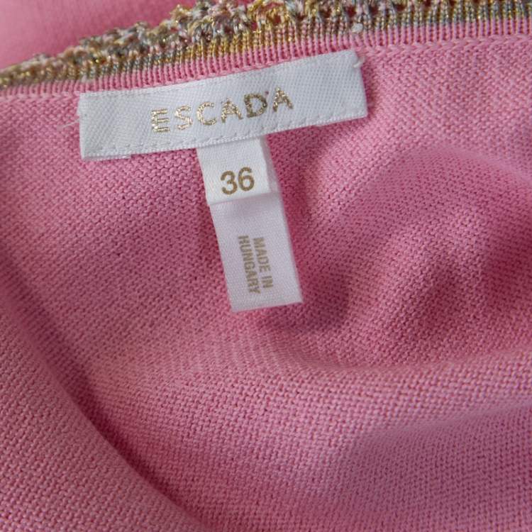 Pre Owned Escada Baby Pink Stretch Knit Sequined Lace Trim Sleeveless Top M