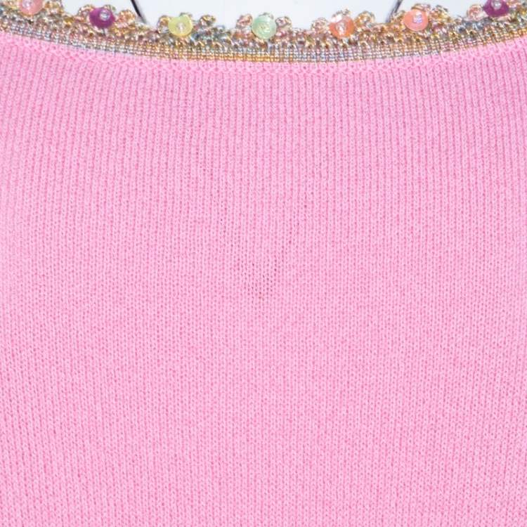 Pre Owned Escada Baby Pink Stretch Knit Sequined Lace Trim Sleeveless Top M