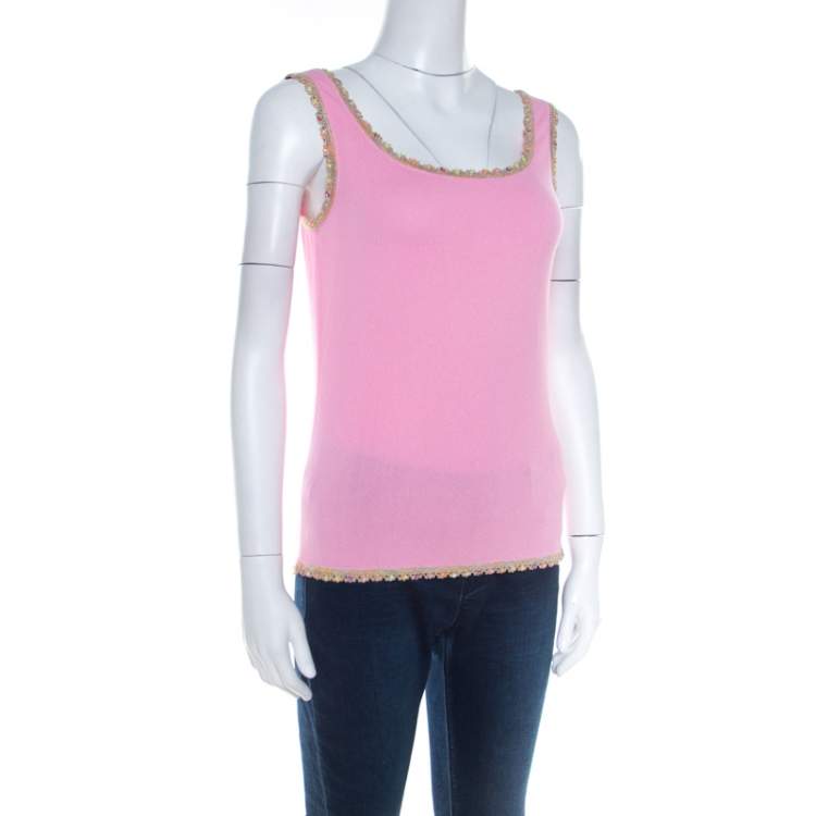 Pre Owned Escada Baby Pink Stretch Knit Sequined Lace Trim Sleeveless Top M