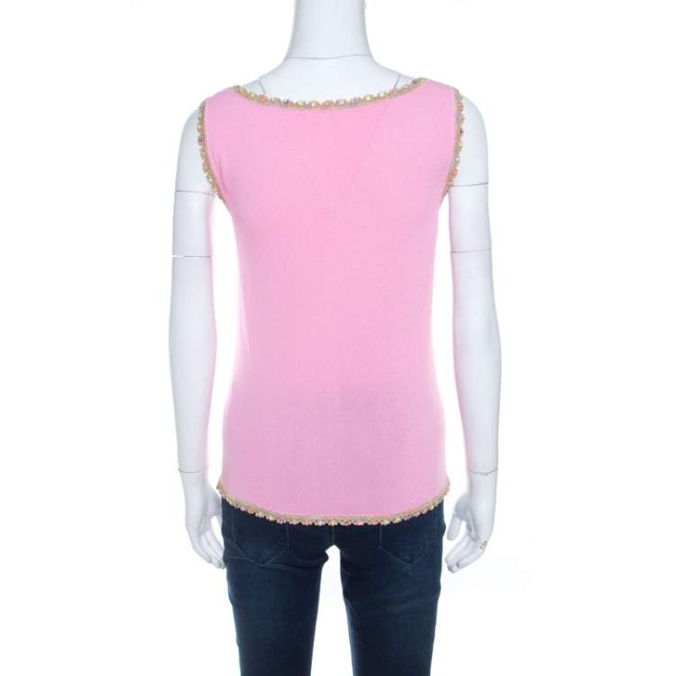 Pre Owned Escada Baby Pink Stretch Knit Sequined Lace Trim Sleeveless Top M