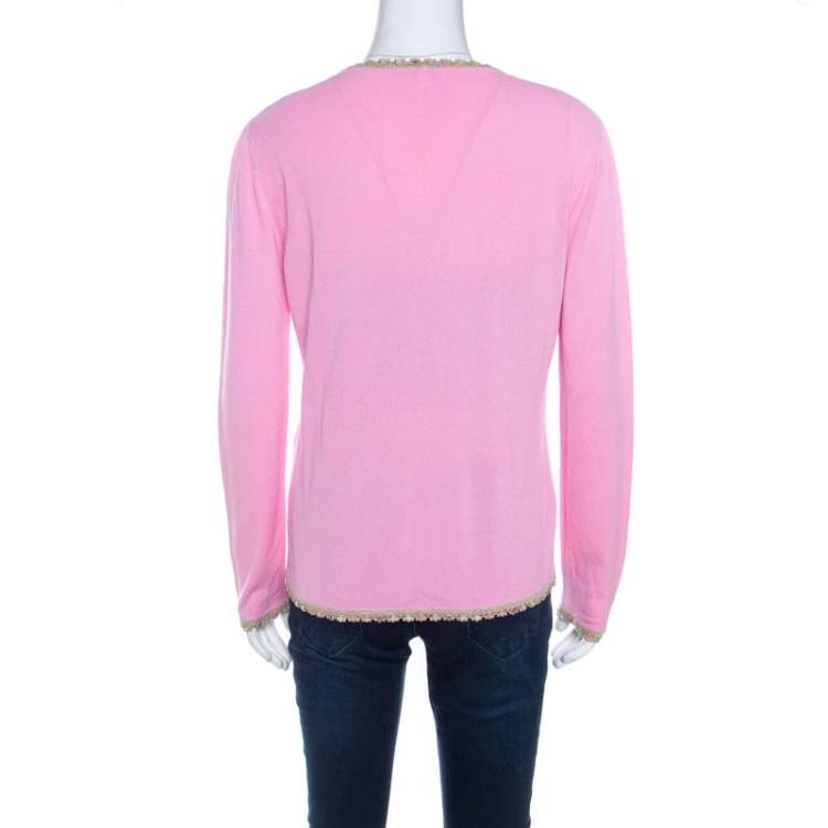 مملوكة مسبقًا Escada Pink Knit Sequined Lace Trim Button Front Cardigan M  