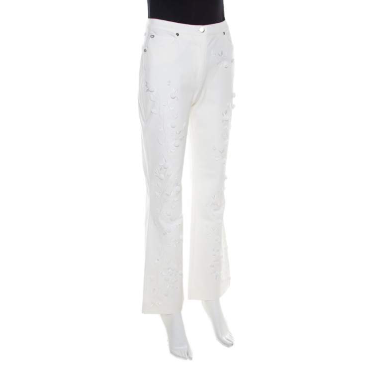 Pre Owned Escada White Cotton Denim Sequined Rosette Applique Flared Jeans M