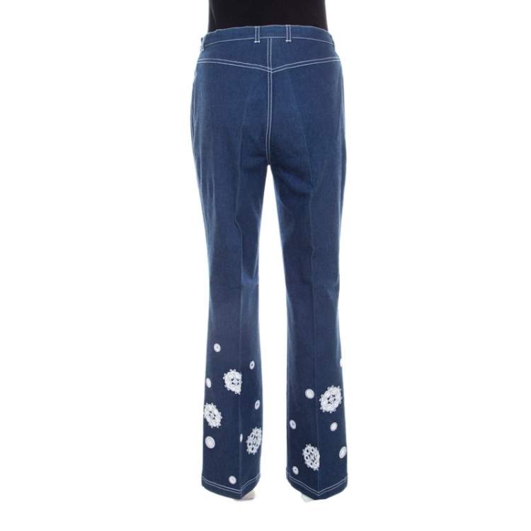 Pre Owned Escada Dark Blue Cotton Stretch Denim Embroidered Floral Motif Flared Jeans M 