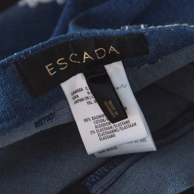Pre Owned Escada Dark Blue Cotton Stretch Denim Embroidered Floral Motif Flared Jeans M 