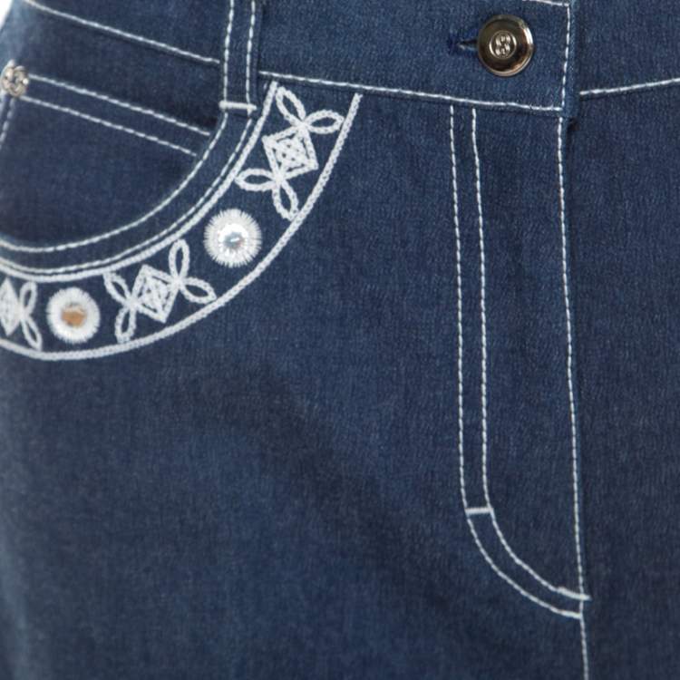 Pre Owned Escada Dark Blue Cotton Stretch Denim Embroidered Floral Motif Flared Jeans M 