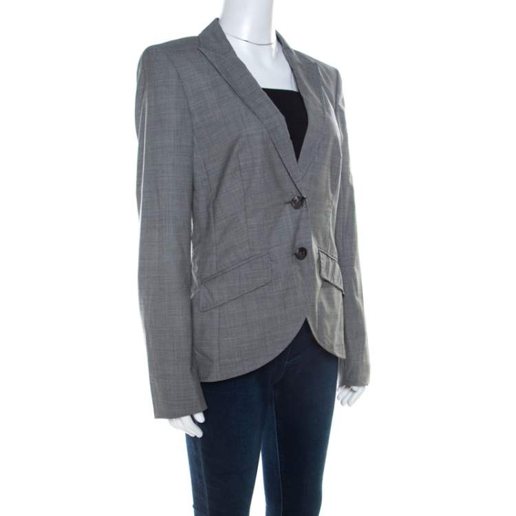 Pre Owned Escada Grey Wool Blend Houndstooth Patterned Double Button Blazer M 