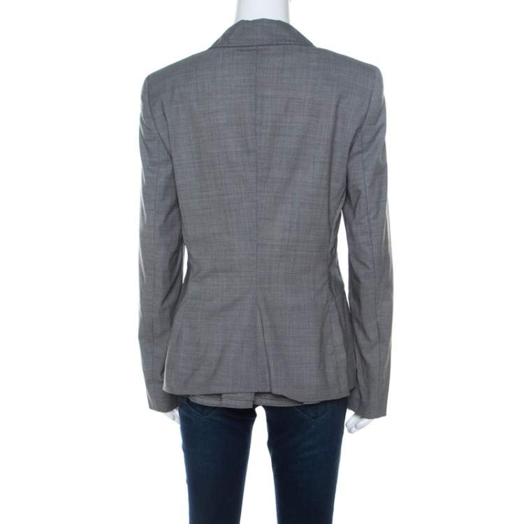 Pre Owned Escada Grey Wool Blend Houndstooth Patterned Double Button Blazer M 