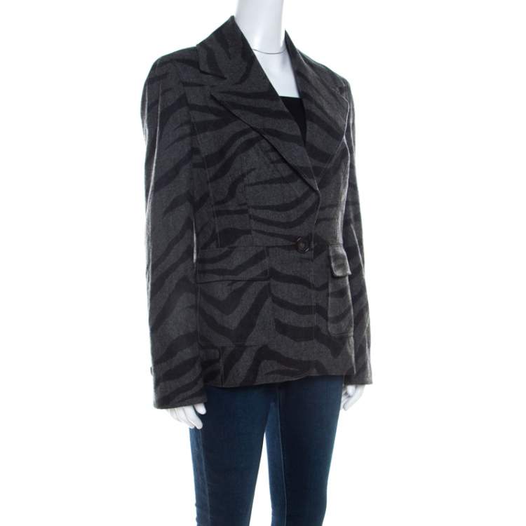 Pre Owned Escada Grey Cashmere Wool Animal Pattern Single Button Blazer M 