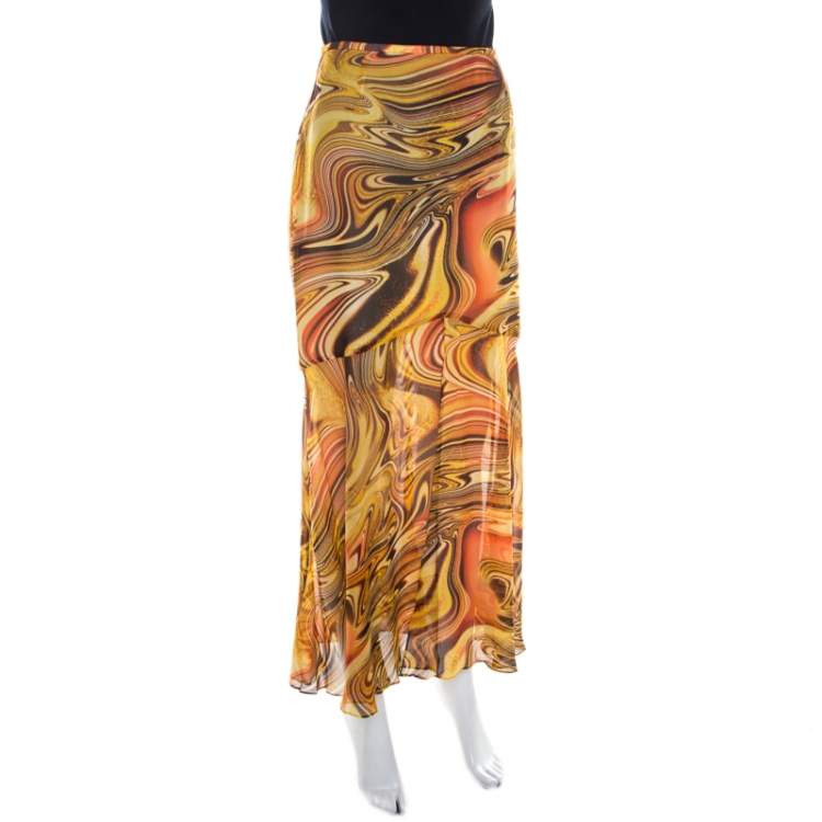 Pre Owned Escada Silk Chiffon Yellow Abstract Print Sheer Hem Skirt M 
