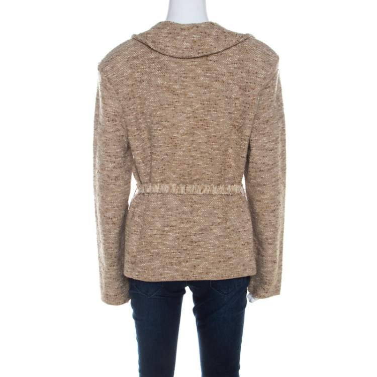 Pre Owned Escada Beige Wool Tweed Double Breasted Belted Jacket L
