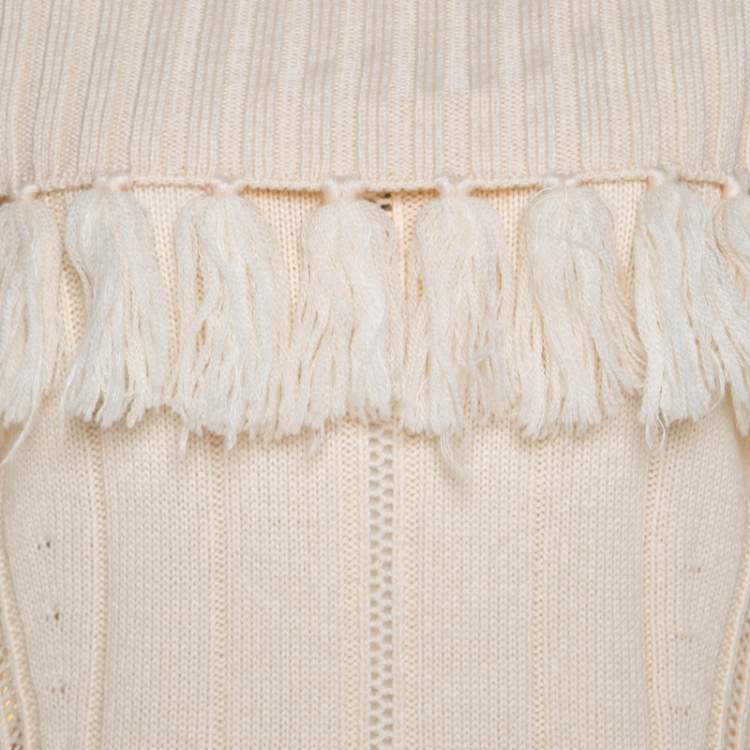 Pre Owned Escada Ivory Chunky Knit Wool and Silk Fringed Roll Neck Swanhilde Sweater L