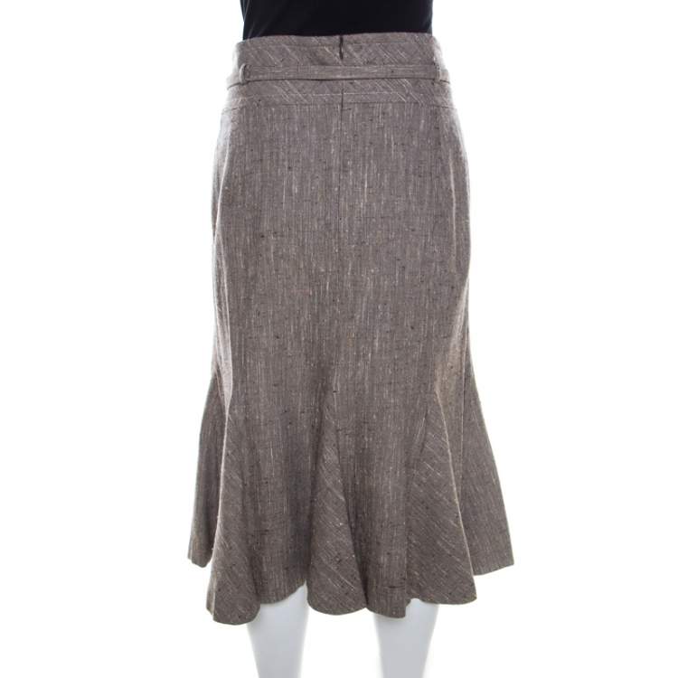 Pre Owned Escada Grey Silk and Wool Textured Belted Godet Skirt XXL