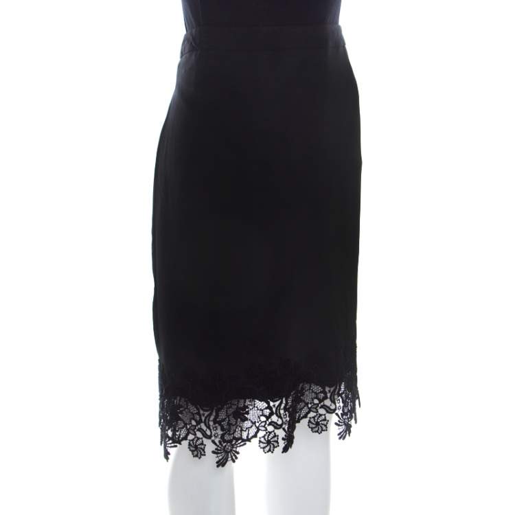 Pre Owned Escada Black Knit Lace Applique Detail Ralace Pencil Skirt L
