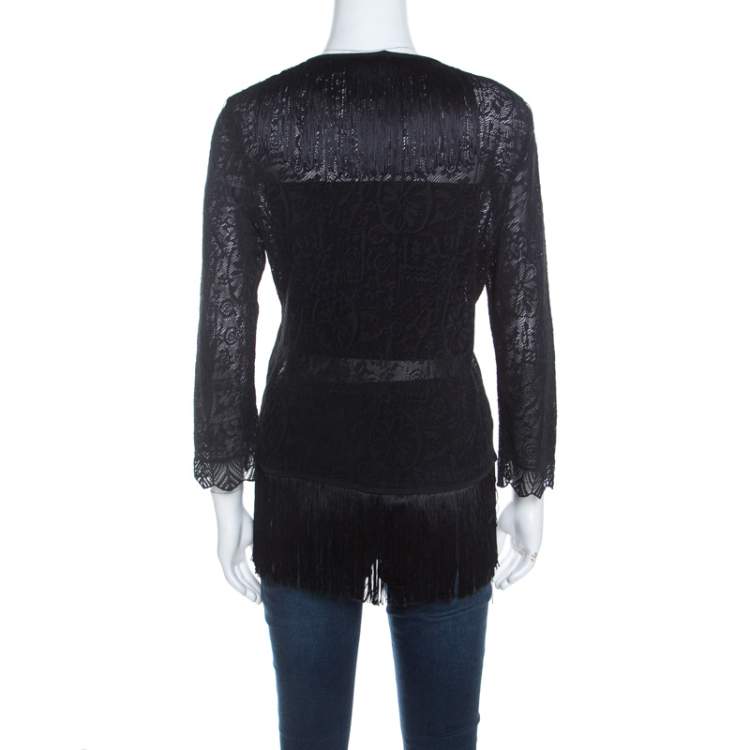 Pre Owned Escada Black Crochet Fringe Detail Cardigan L 
