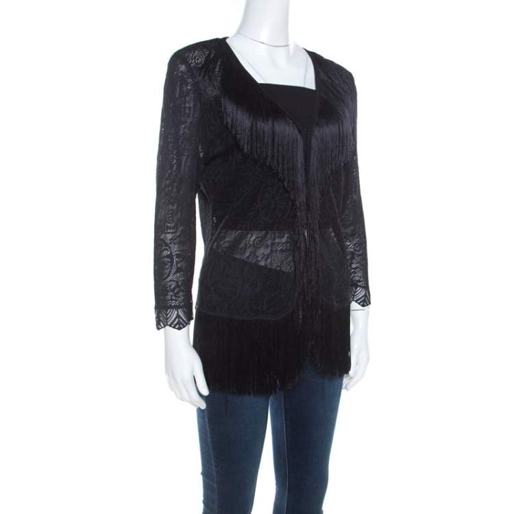 Pre Owned Escada Black Crochet Fringe Detail Cardigan L 