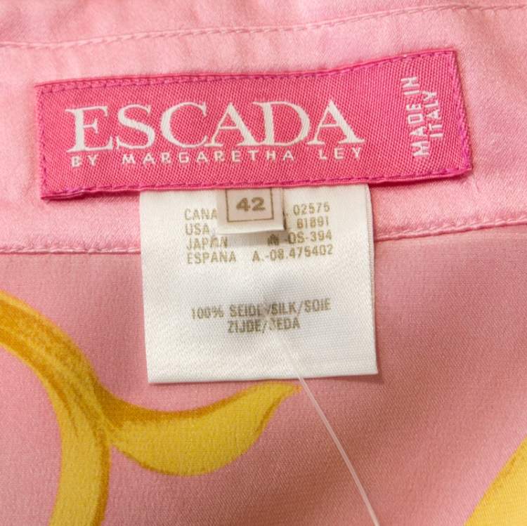 Pre Owned Escada Pink Printed Silk Padded Shoulder Shirt L 