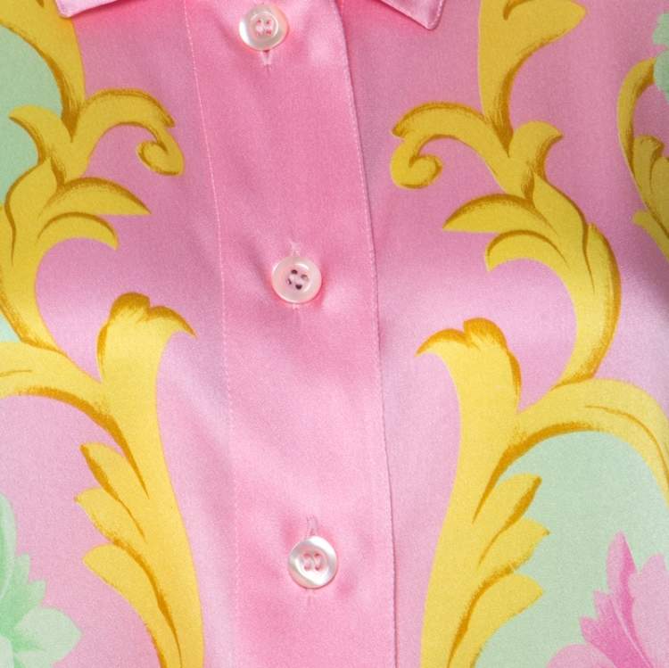 Pre Owned Escada Pink Printed Silk Padded Shoulder Shirt L 