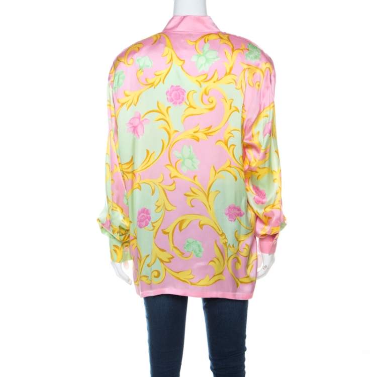 Pre Owned Escada Pink Printed Silk Padded Shoulder Shirt L 