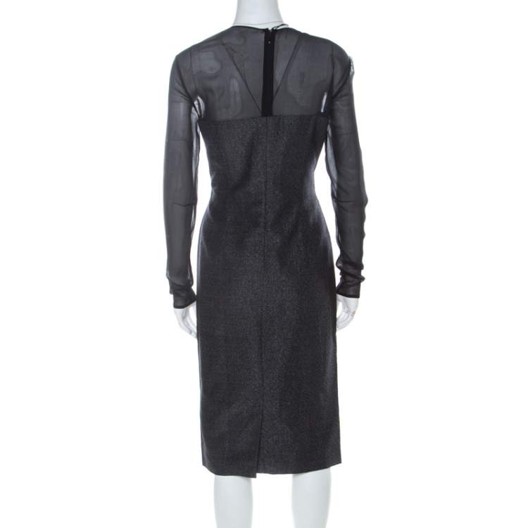 Pre Owned Escada Metallic Grey Wool Blend Sheer Yoke Dariello Pencil Dress M