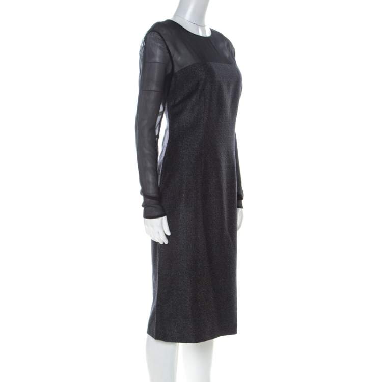 Pre Owned Escada Metallic Grey Wool Blend Sheer Yoke Dariello Pencil Dress M