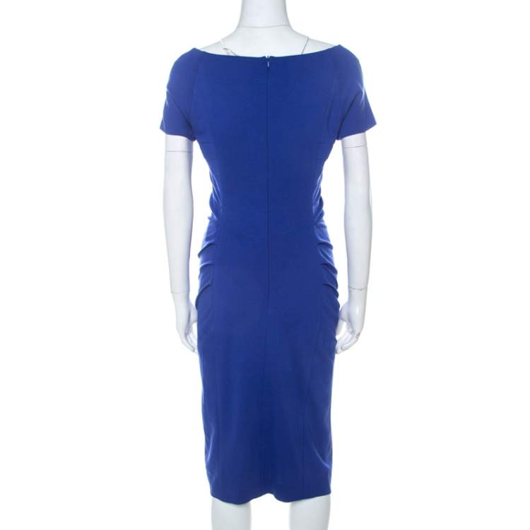 Pre Owned Escada Ink Blue Stretch Knit Pleated Dynamia Bodycon Dress M