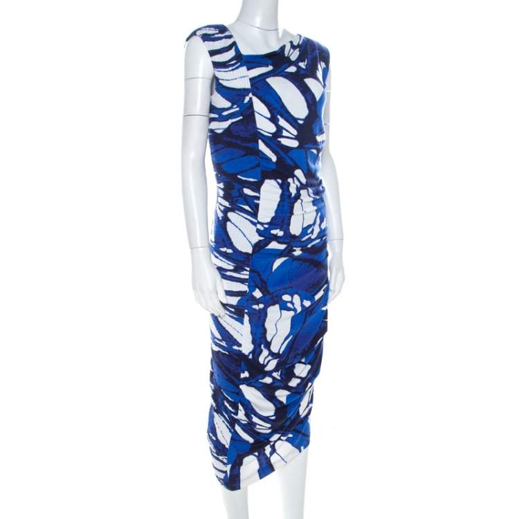Pre Owned Escada Azure Blue Print Jersey Asymmetric Neck Elfryda Ruched Dress M