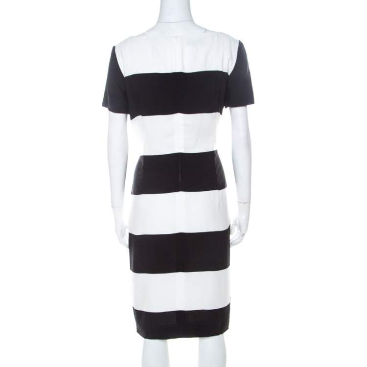 Pre Owned Escada Monochrome Floral Print Wide Striped Crepe Dkantus Shift Dress M