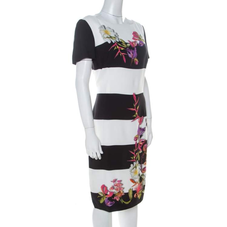 Pre Owned Escada Monochrome Floral Print Wide Striped Crepe Dkantus Shift Dress M