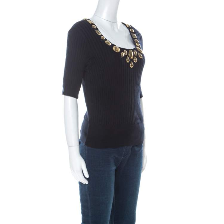 Pre Owned Escada Navy Blue Rib Knit Gold Embellished Neckline Three Quarter Sleeve Top M 