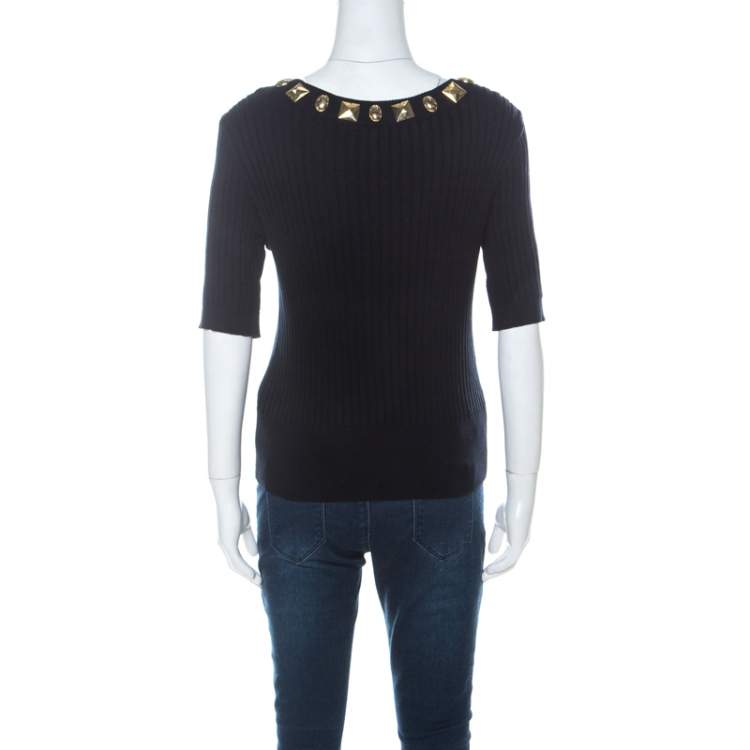 Pre Owned Escada Navy Blue Rib Knit Gold Embellished Neckline Three Quarter Sleeve Top M 