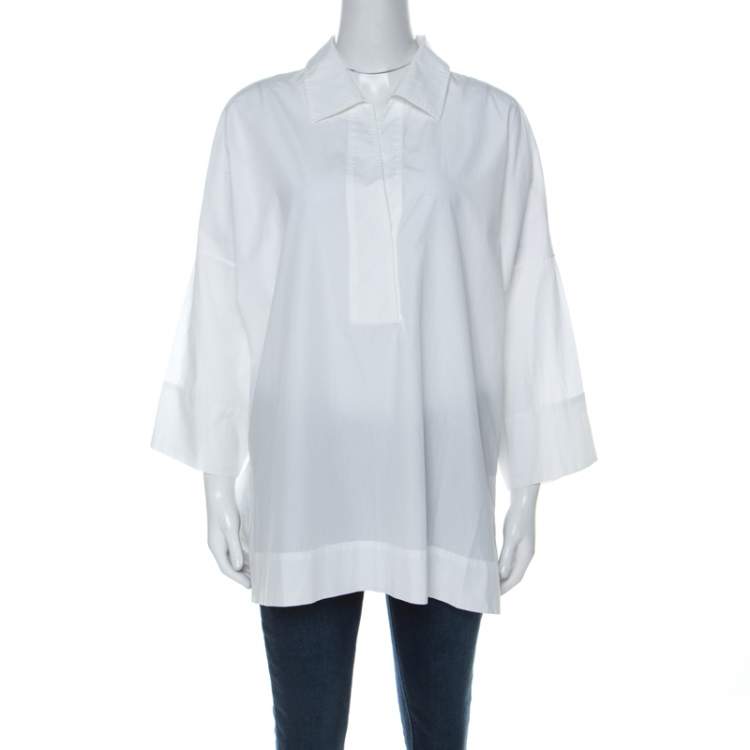 Pre Owned Escada White Cotton Drop Shoulder Three Quarter Sleeve Collared Top L 