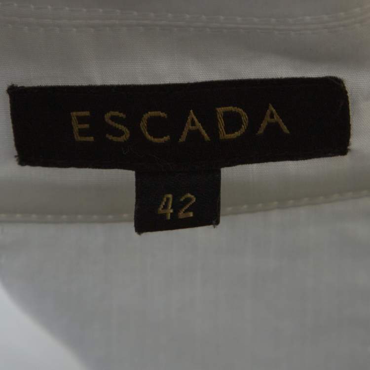 Pre Owned Escada White Cotton Drop Shoulder Three Quarter Sleeve Collared Top L 