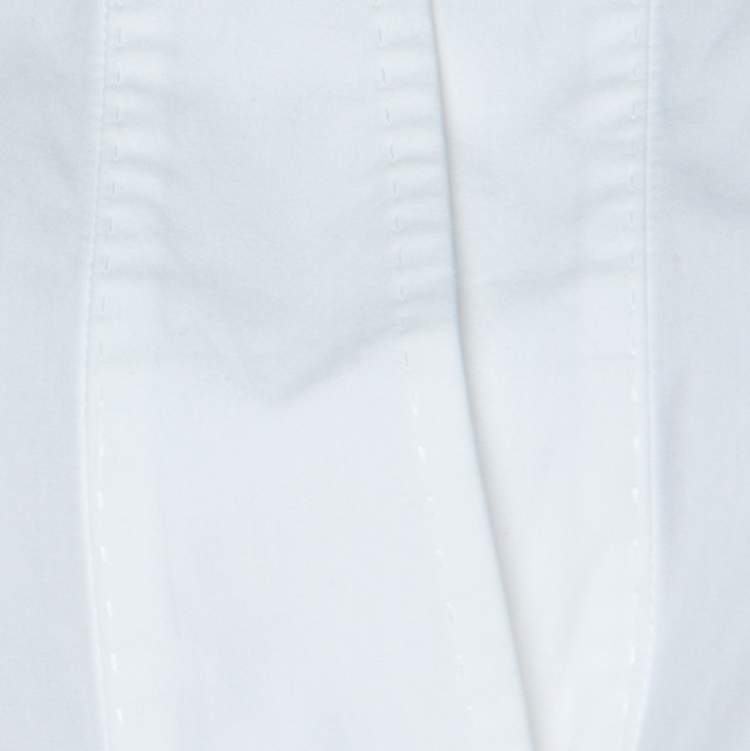 Pre Owned Escada White Cotton Drop Shoulder Three Quarter Sleeve Collared Top L 